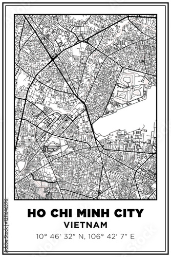 Black and white printable Street map art Ho Chi Minh City, vietnam. Travel poster with coordinates, poster design, Modern Poster Wall Art Home Decor Ready to Printable