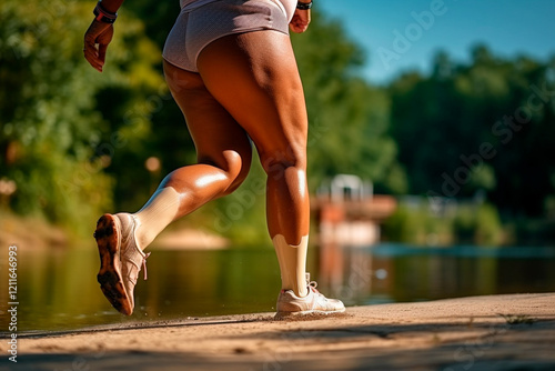 Woman running in an open field under natural light, dedicated to fitness