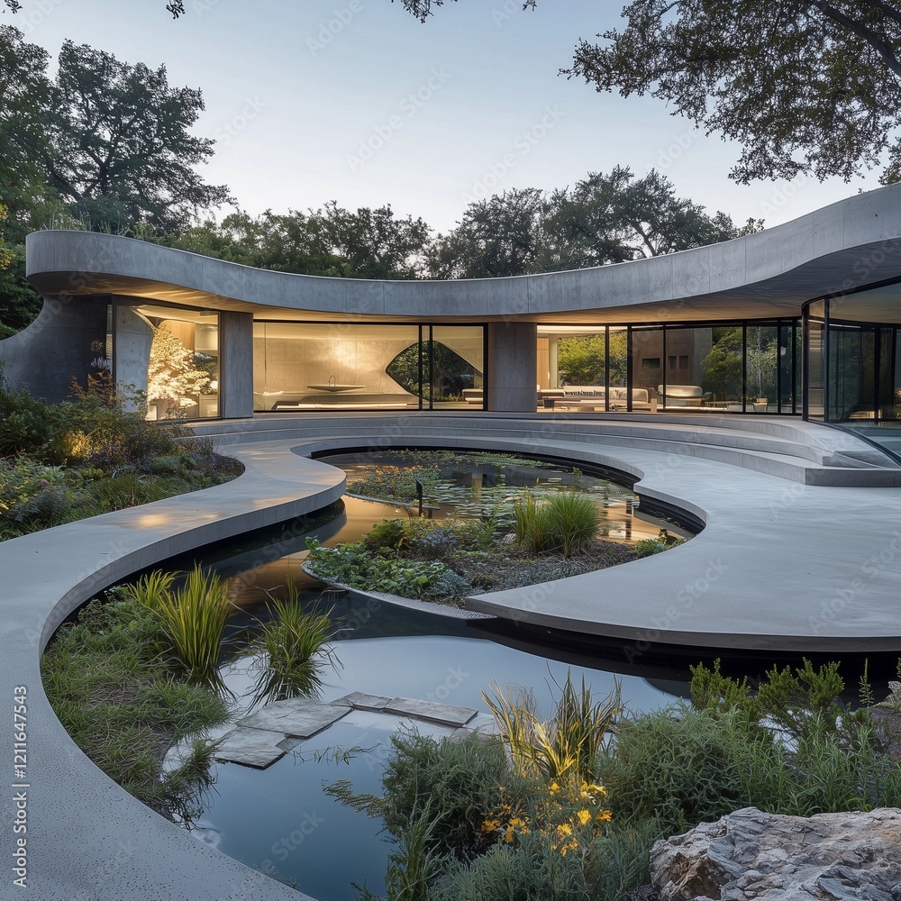 Curved concrete walls and eco-friendly gardens in a futuristic suburban house. Curved concrete walls and eco-friendly gardens in a futuristic suburban house.
