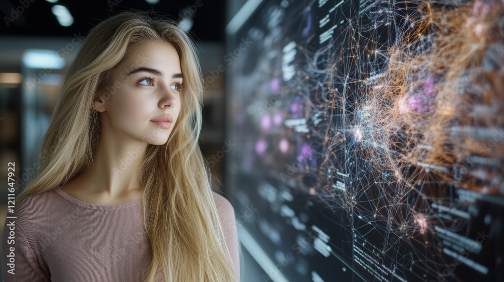 Fototapeta premium A Thoughtful Woman Analyzing an Extensive Data Display in the World of Technology and Artificial Intelligence