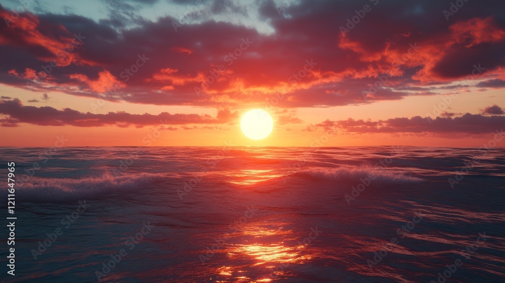 Fototapeta premium Vivid sunset over ocean with fiery clouds and radiant reflection on the water surface