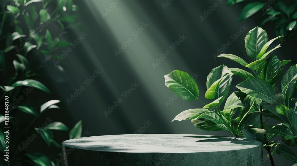 Concrete Green Podium Display Pedestal With Tropical Leaves In Sunlight For Product Presentation