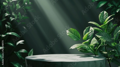 Obraz na płótnie Concrete Green Podium Display Pedestal With Tropical Leaves In Sunlight For Product Presentation w salonie