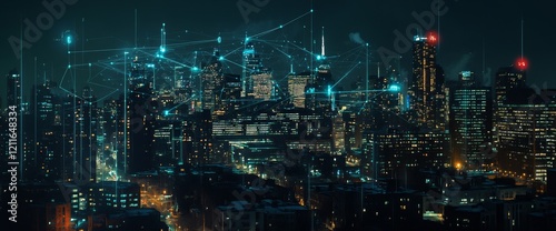 Wallpaper Mural Night cityscape with futuristic digital network overlay. Torontodigital.ca