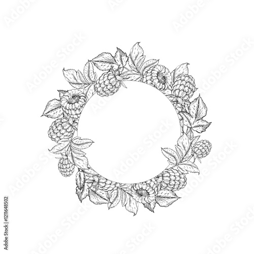 Raspberry vector black and white wreath hand drawn with ink. Frame with leaves, berries of raspberry on a white background. Template for label design