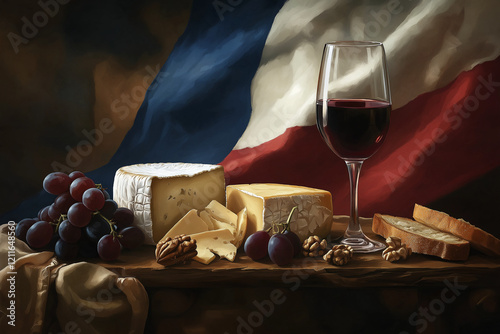  Wine and cheese board with French flag backdrop photo