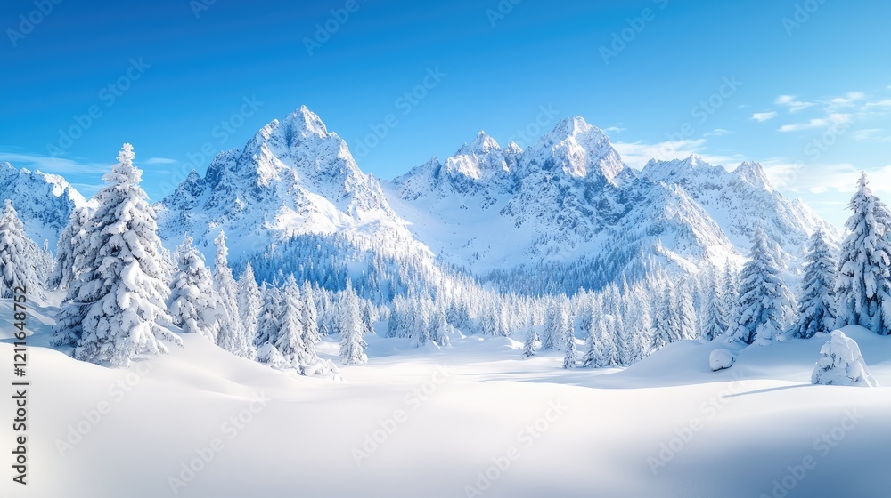 Snowy mountain range winter landscape, clear sky; for travel or winter holiday brochures Snowy mountain range winter landscape, clear sky; for travel or winter holiday brochures