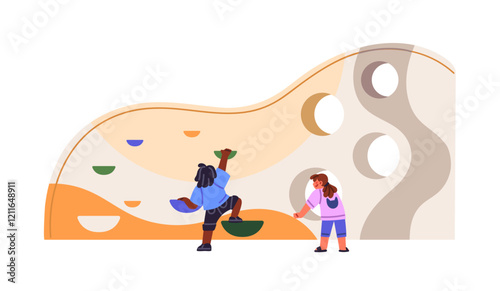 Happy children mountaineering on artificial rock. Kids bouldering, climbing on mountain wall. Friends do alpinism, have fun, play at playground. Flat isolated vector illustration on white background