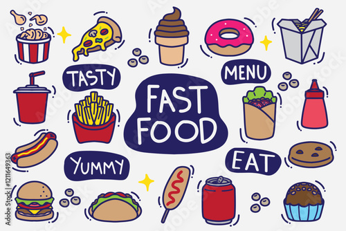 set of fast food doodle color good forbackground, wallpaper, sticker, element design, icon, etc