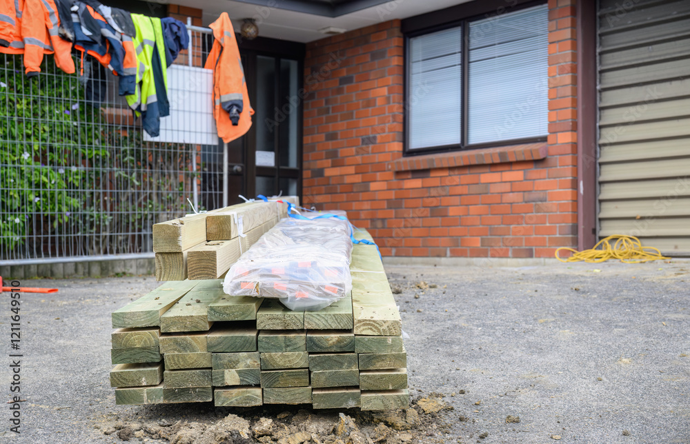 Treated retaining timbers piled on the driveway. Hi-Vis workwear hanging on protection metal fence.