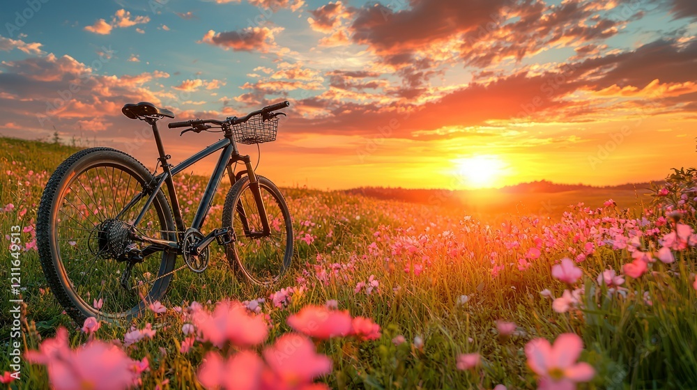 Naklejka premium Sunset Bicycle Ride in a Field of Flowers
