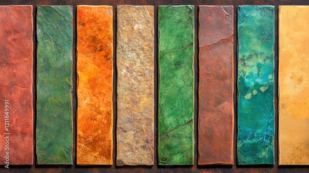 Fototapeta premium Rustic textured tiles in vibrant earthy tones of green, orange, yellow, and brown, showcasing a grunge aesthetic with natural imperfections and organic patterns for creative design inspiration.