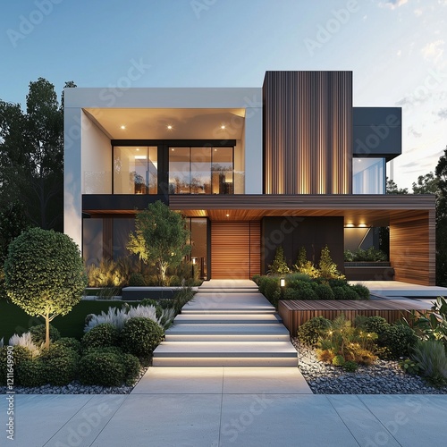 Modern house with wooden cladding and a garden lit by sleek outdoor lights.