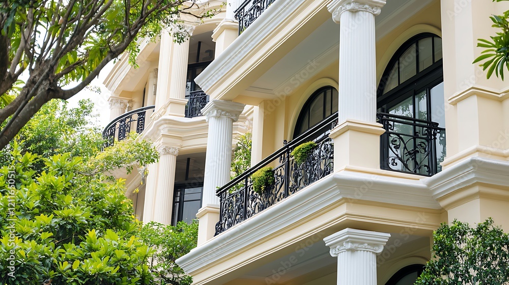 Elegant Yellow House with Black Iron Balconies and Columns Elegant Yellow House with Black Iron Balconies and Columns