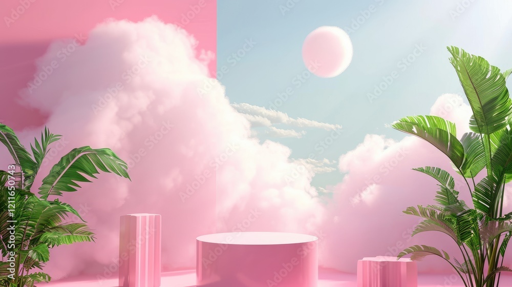 Pink Platforms Pedestal With Banana Plants And Fluffy Clouds on Light Blue Sky Background