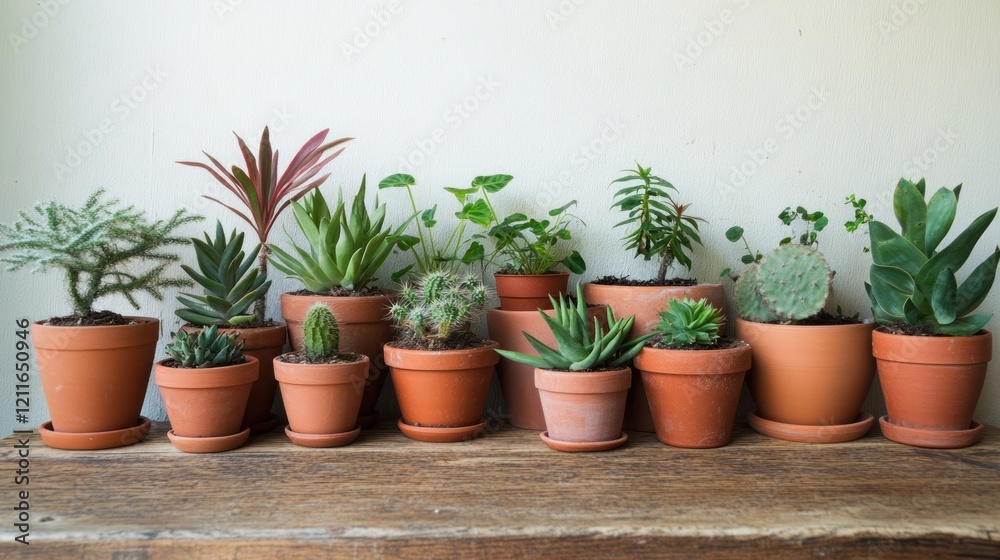 Collection of potted succulents and cacti on a rustic wooden table against a light wall background Collection of potted succulents and cacti on a rustic wooden table against a light wall background