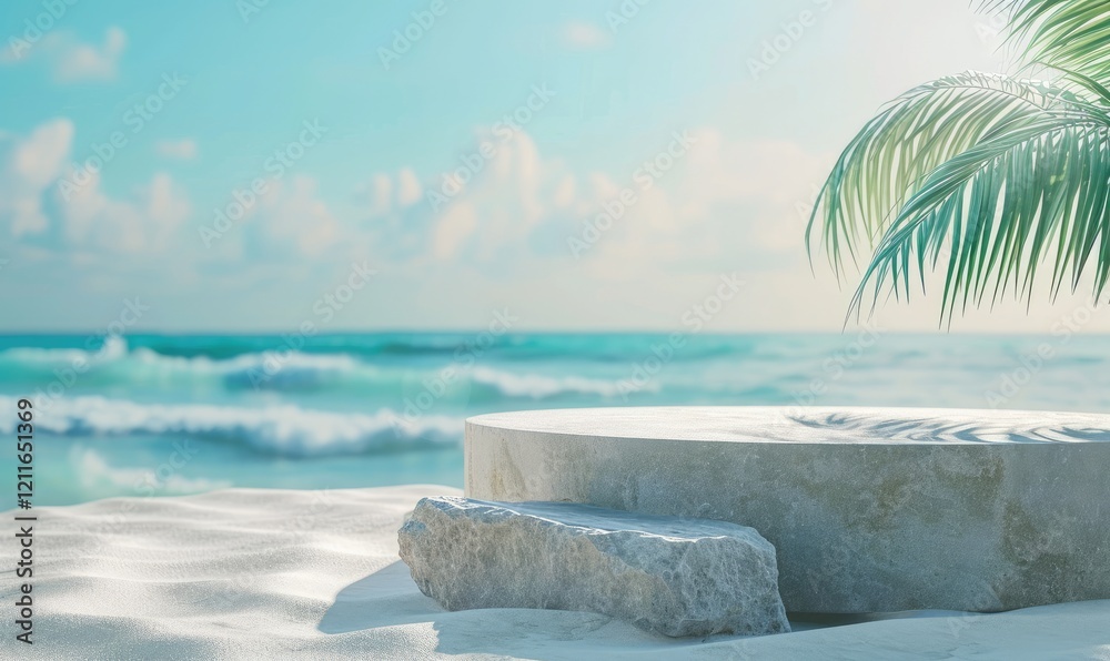 Concrete Round Platform Stand on Sandy Beach near Stone and Palm Foliage Against Blue Ocean Background