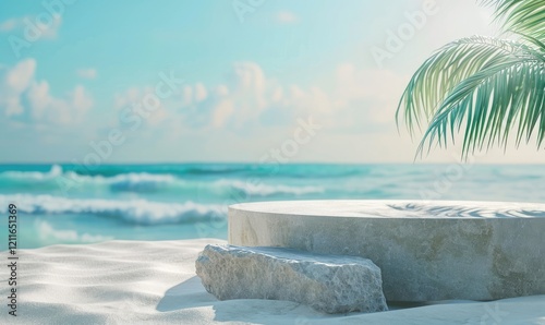 Obraz na płótnie Concrete Round Platform Stand on Sandy Beach near Stone and Palm Foliage Against Blue Ocean Background w salonie