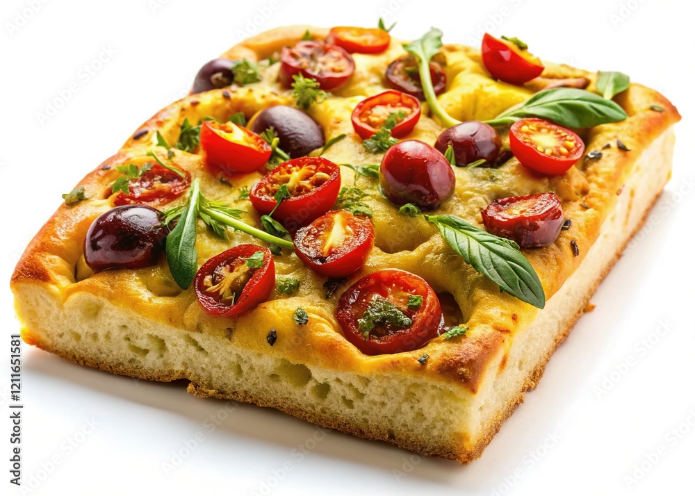 Macro Photography of Vegetarian Focaccia Bread on White Background Macro Photography of Vegetarian Focaccia Bread on White Background