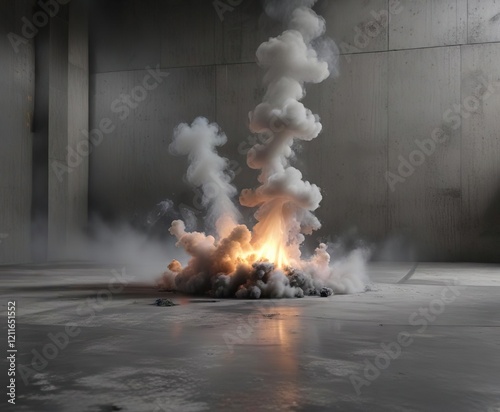 Smoke creating dramatic effect on modern concrete floor, hazy, surreal