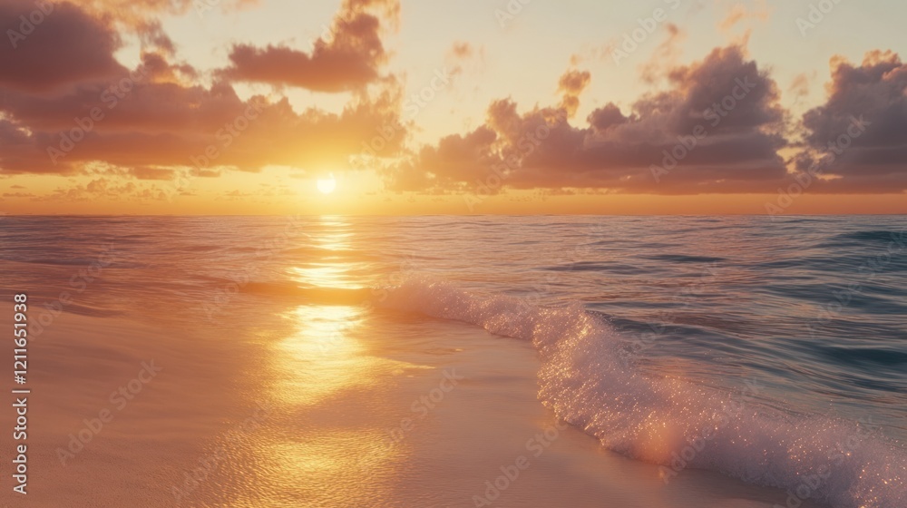 Obraz premium Serene sunset over the ocean with gentle waves and a golden sky creating a peaceful scene