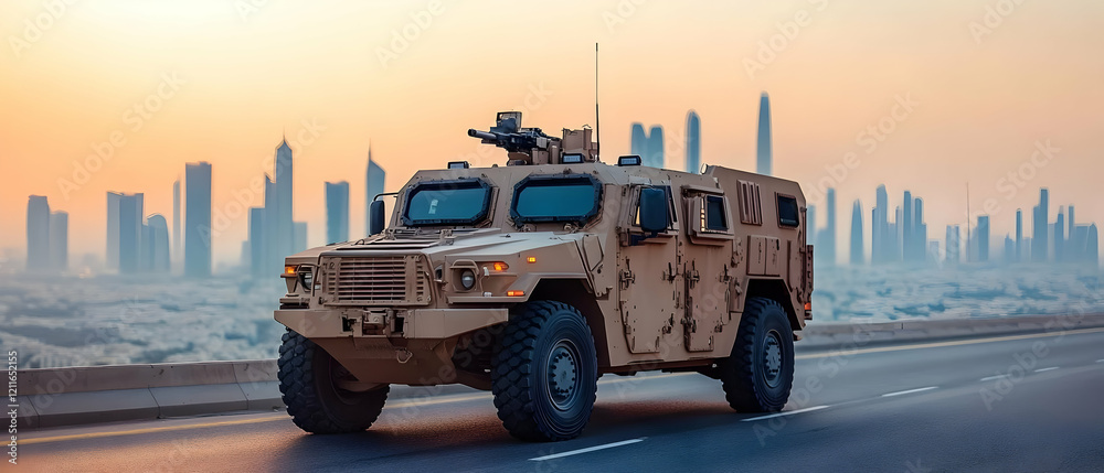 Fototapeta premium Armored Vehicle City Sunrise Patrol
