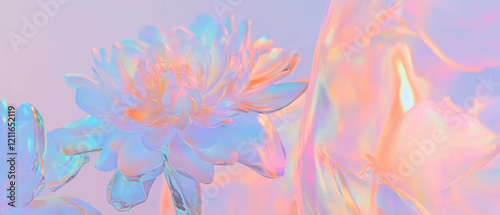 Abstract floral design featuring holographic liquid and delicate blooms in a vibrant composition
