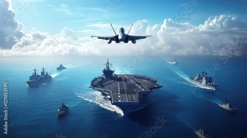 A fighter jet in the sky, with an aircraft carrier and multiple ships on the ocean below, highlighting the strength and precision of military forces.