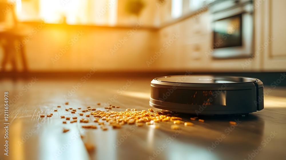 Fototapeta premium Robotic Vacuum Cleaner Efficiently Cleaning Scattered Cereal on Modern Kitchen Floor