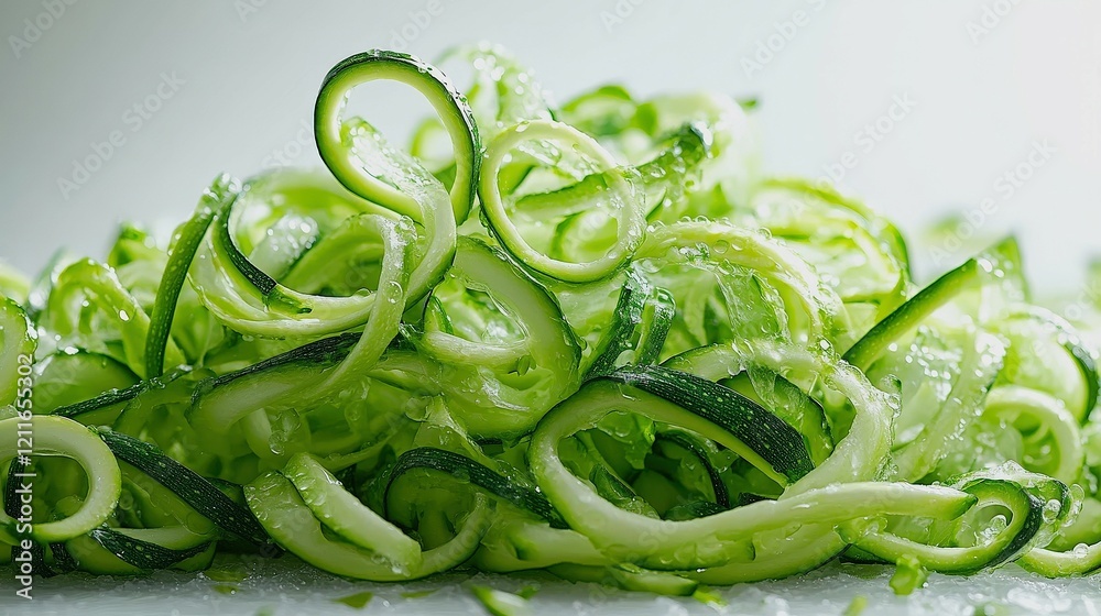 Fresh green zucchini shreds bursting upward with crisp edges and moisture droplets Fresh green zucchini shreds bursting upward with crisp edges and moisture droplets