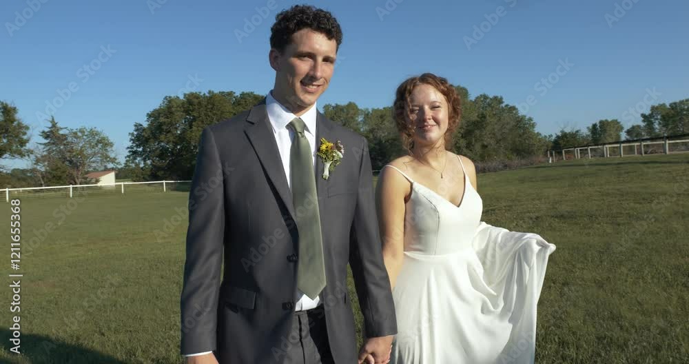 A joyful bride and groom walk hand-in-hand across a sunlit field, sharing smiles and laughter, as they celebrate their special day in a picturesque outdoor setting surrounded by nature. A joyful bride and groom walk hand-in-hand across a sunlit field, sharing smiles and laughter, as they celebrate their special day in a picturesque outdoor setting surrounded by nature.