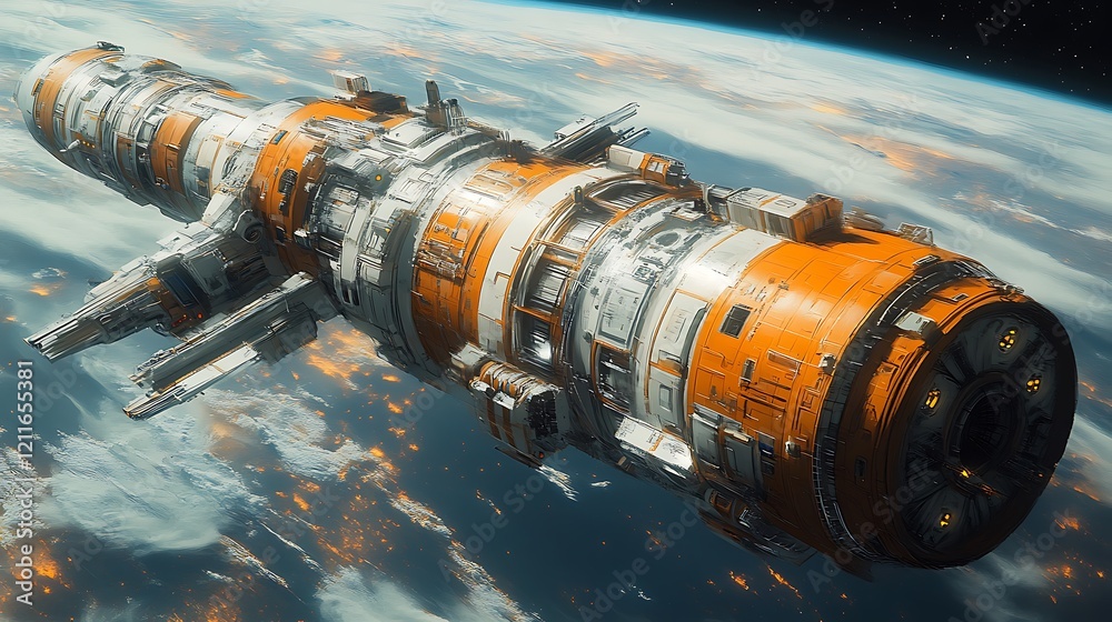 Obraz premium Futuristic Spacecraft Orbiting Earth Above City Lights