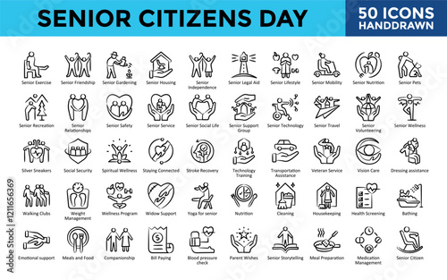 Senior Citizens Day icons set with senior exercise, senior friendship, senior gardening, senior housing, senior independence, senior legal aid, senior lifestyle icon. Simple handdrawn vector 
