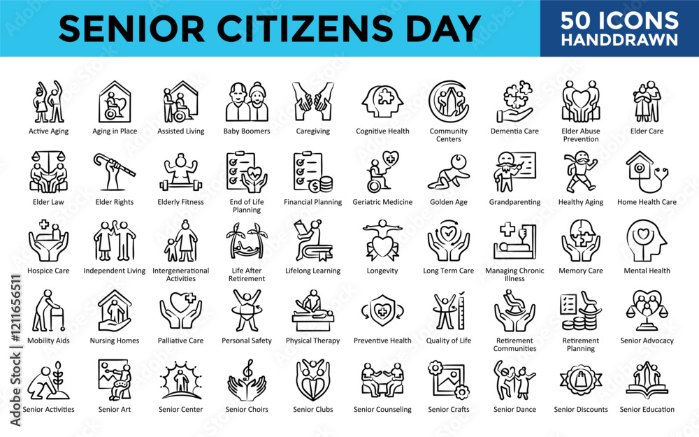 Φωτογραφία Senior Citizens Day icons set with active aging, aging in place, assisted living, baby boomers, caregiving, cognitive health, community centers, dementia care icon