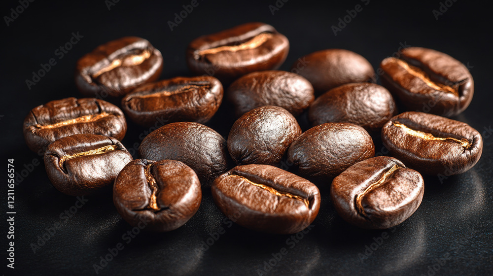 A macro shot of glossy roasted coffee beans arranged on a smooth black background. The rich brown hues and detailed textures emphasize the quality and freshness of the beans.
A macro shot of glossy roasted coffee beans arranged on a smooth black background. The rich brown hues and detailed textures emphasize the quality and freshness of the beans.