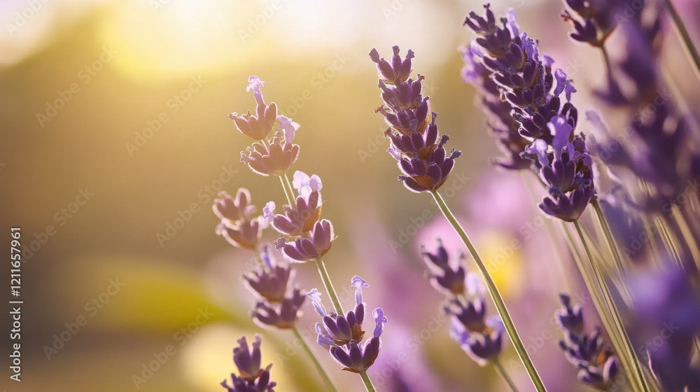 Obraz premium A close-up of blooming lavender flowers bathed in warm golden sunlight. The soft focus background enhances the delicate purple hues, creating a serene and calming atmosphere. 