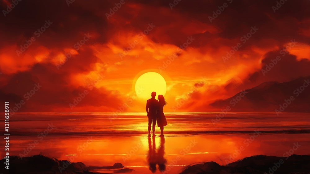 Obraz premium Romantic Couple Silhouette at Sunset Beach
