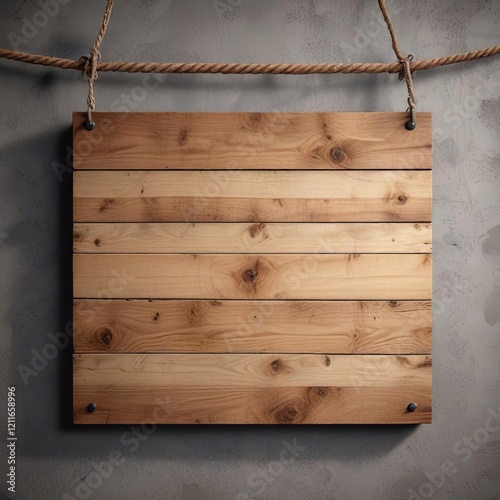 Blank wooden plank signboard on a sturdy rope chain against a textured background, textured, rope, wooden