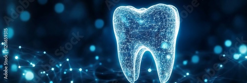 Glowing tooth in digital network representing future of dental care, with modern technology ensuring brighter and healthier smiles through innovative techniques.


