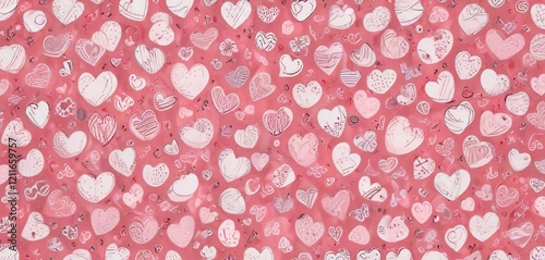 Cute heart pattern with doodle style drawings, whimsical, playful, doodles