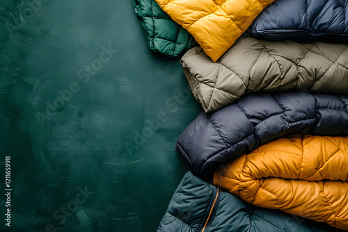 Pile of winter like puffer jacket, sweater and scarf isolated on dark green background with copy space for your text or product mockup design concept.