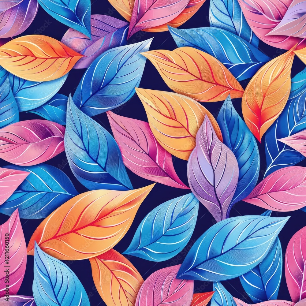 A vibrant pattern of colorful leaves in shades of blue, pink, and orange on a dark background. A vibrant pattern of colorful leaves in shades of blue, pink, and orange on a dark background.