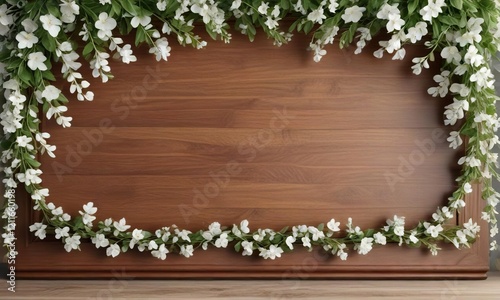 Elegant wooden board embellished with white leaves and flower garland, stylish, embellished, classy, wooden board photo