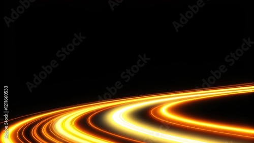 Light trail flash, neon yellow and orange golden glow path trace effect. Light trail wave, fire path trace line, car lights, optic fiber and incandescence curve twirl, glowing spiral energy swirl flow