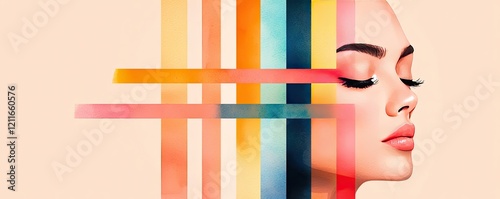 Striped watercolor idea. Stylish portrait of a woman with colorful geometric patterns around her face.