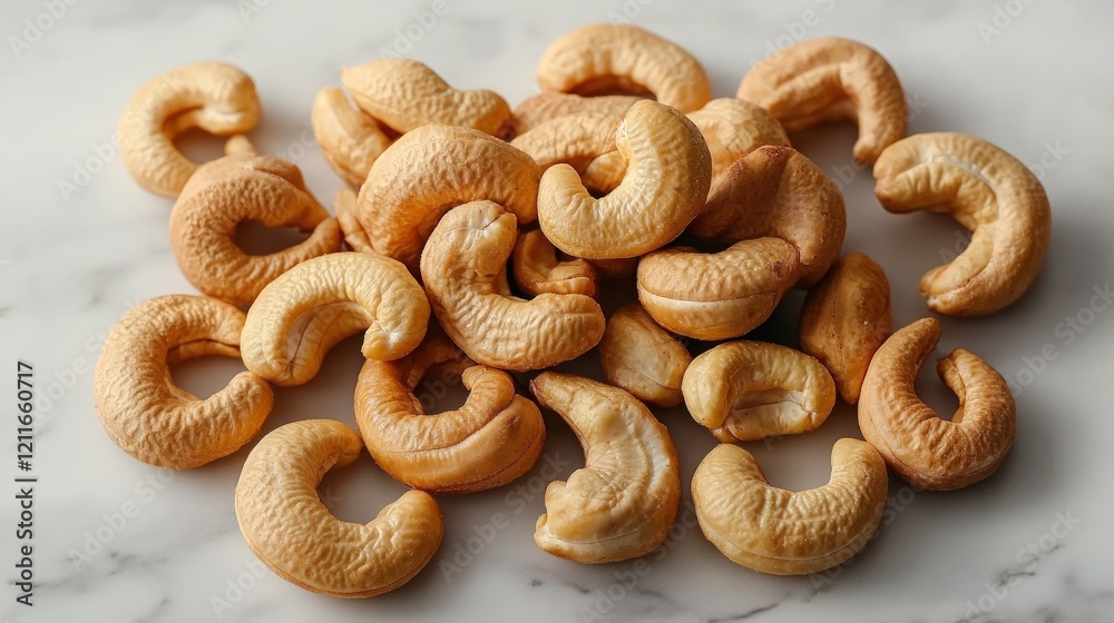 Roasted cashews scattered on marble.