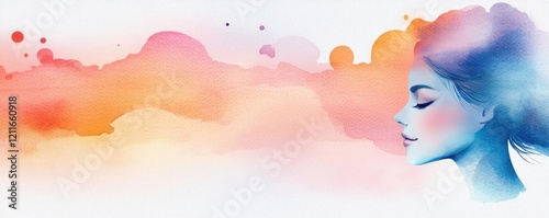 Striped watercolor idea. A serene watercolor illustration of a woman's profile with vibrant colors.