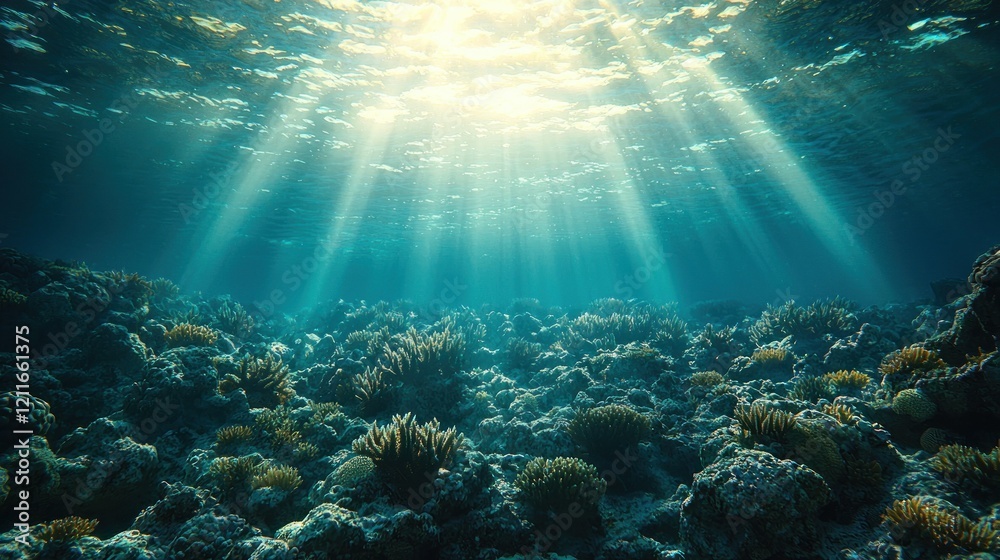 Fototapeta premium Sunbeams Illuminate Vibrant Underwater Coral Reef Ecosystem