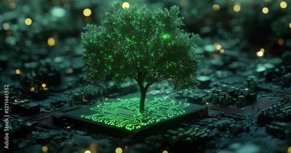 A green tree on a circuit board. Symbolizing environmental protection and the ecology. Environmental sustainability. Eco-friendly. Green energy. Futuristic tech. Eco-friendly tree. Nature protection A green tree on a circuit board. Symbolizing environmental protection and the ecology. Environmental sustainability. Eco-friendly. Green energy. Futuristic tech. Eco-friendly tree. Nature protection