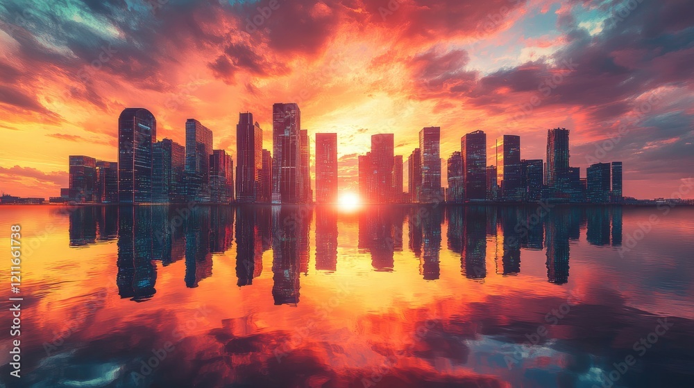 A modern city with vibrant, futuristic buildings, mirrored in the water beneath a stunning sunset sky, emphasizing innovation and beauty.
